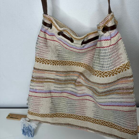 Lovestitch Tan Multicolor Striped Canvas Boho Bag Drawstring Snap Closure - Picture 10 of 16